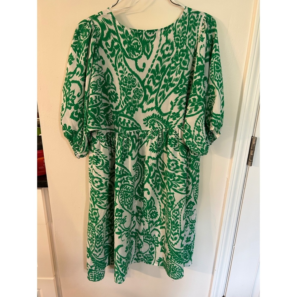 Emma & Michele Green White Ikat Paisley Dress Size S 3/4 Sleeve - Picture 5 of 7
